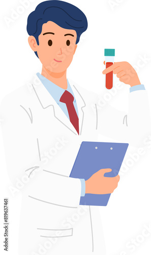 Medical technologist working on testing and analyzing body fluids like blood and urine and tissue samples. Scientist with blood tube in laboratory.