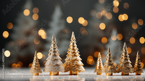 Golden and silver Christmas trees with snow  New Year background