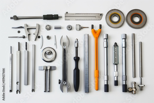 A variety of tools are arranged neatly on a white tabletop. Generative AI
