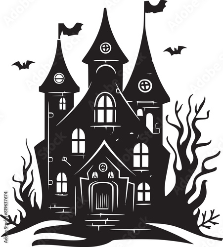Creepy Halloween haunted castle black silhouette. Halloween vector illustration.