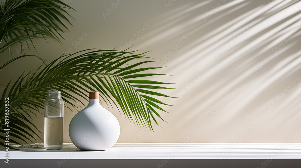 Green palm leaves in the vase on the light background Green palm leaves in the vase on the light background