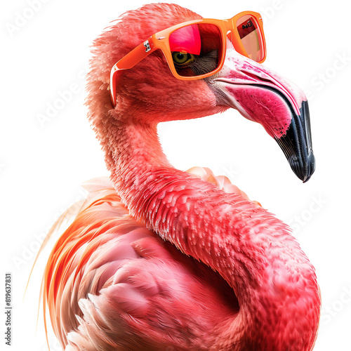 Bright colored Flamingo bird wearing orange sunglasses, transparent background