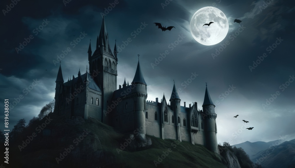 A gothic-style castle under a full moon with flying bats, set against a dark, cloud-covered sky on a spooky, moonlit night.