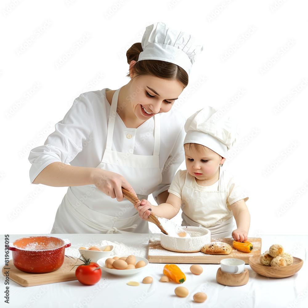 Mother teaches her child to cook, transparent background Mother teaches her child to cook, transparent background