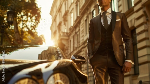 Fashionable businessman in a suit standing next to a luxury car on a city street with sunlight in the background. photo