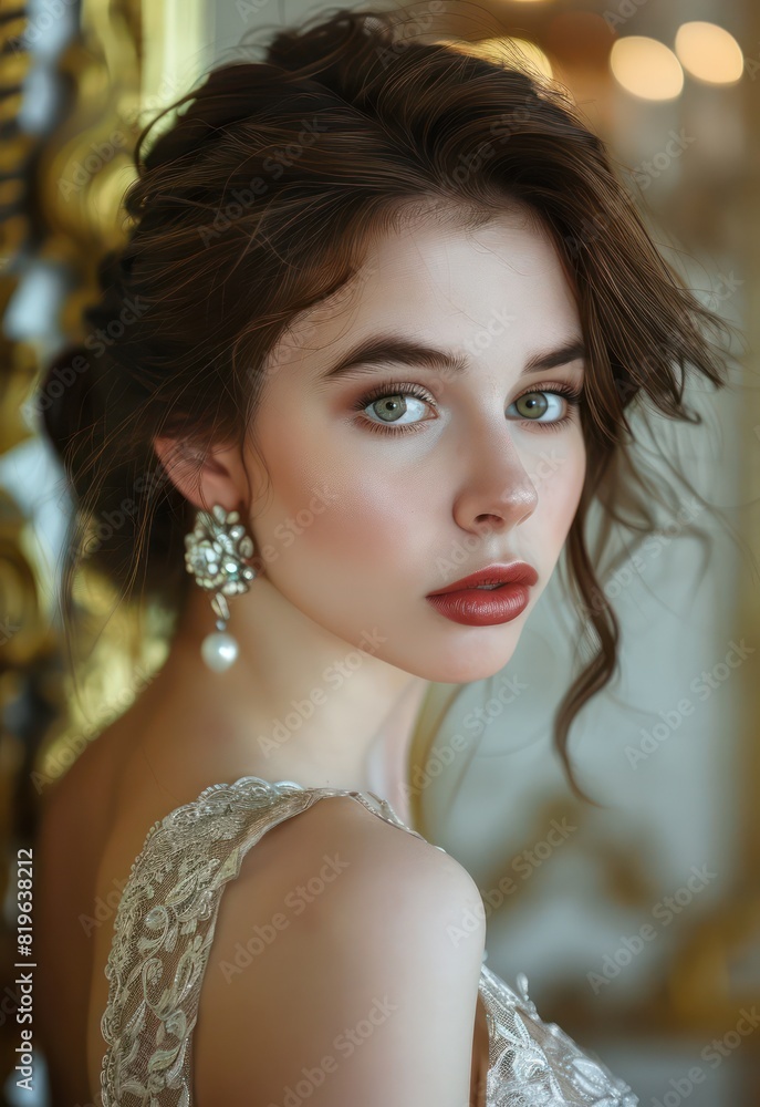 A captivating image captures the elegance of a young woman with brown hair, her delicate evening makeup and serene gaze reflecting her inner grace and charm. A captivating image captures the elegance of a young woman with brown hair, her delicate evening makeup and serene gaze reflecting her inner grace and charm.