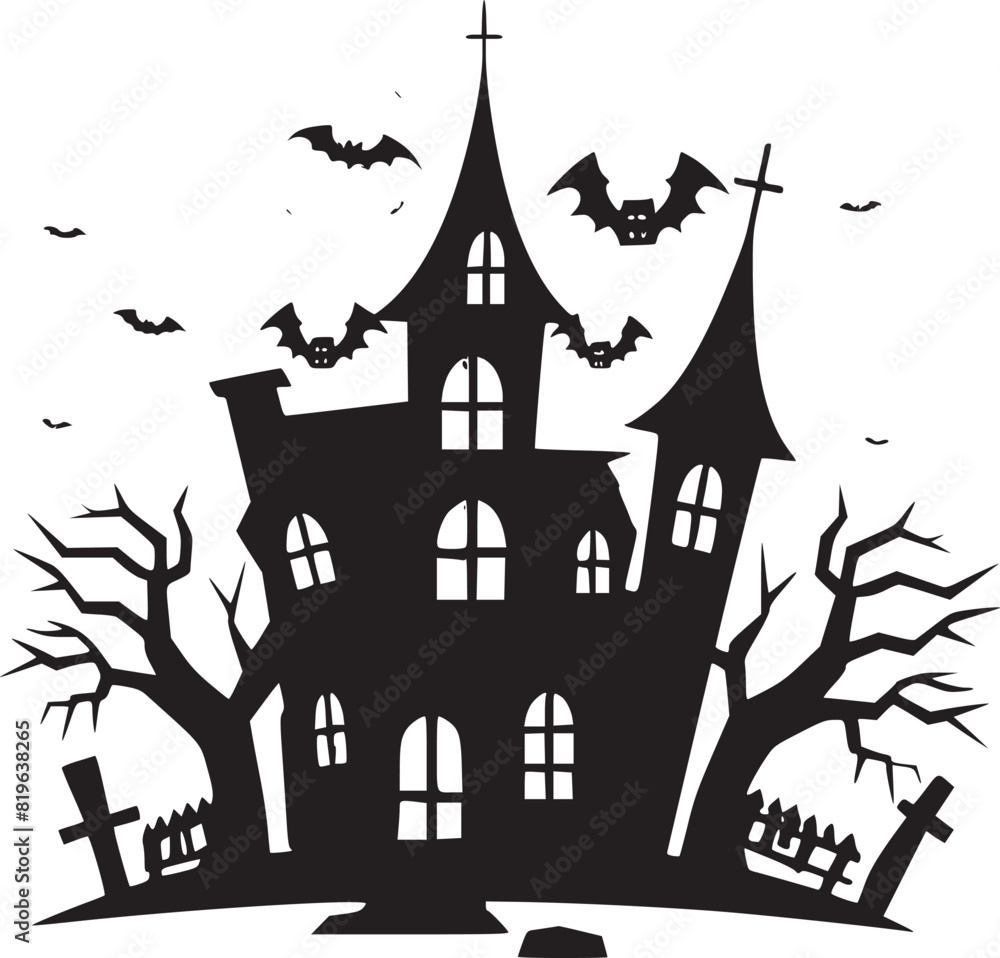 Creepy Halloween haunted castle black silhouette. Halloween vector illustration.