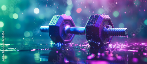 Dumbbell weights with bokeh water splash and purple green lighting concept banner background