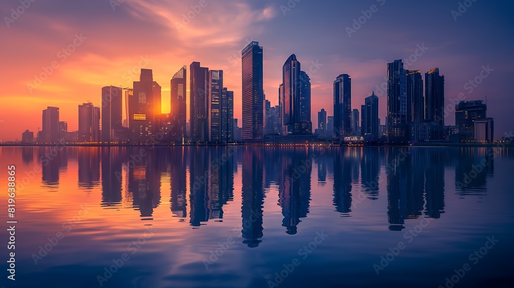 Stunning sunset over modern city skyline with reflective skyscrapers, highlighting urban architecture and beauty.