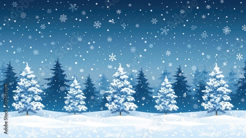 Festive Winter Forest with Snowflakes and Blue Sky Background