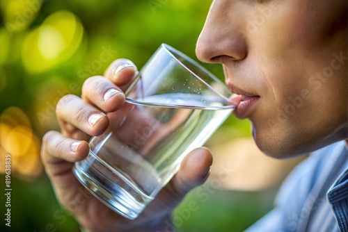 Intimate Close-up of Person Drinking Hydrating Water	
 photo