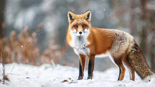 red fox in snowy landscape. A red fox standing in a snowy landscape, with snowflakes falling, capturing the beauty of wildlife in winter.. photo