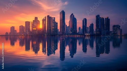 Stunning sunset over modern city skyline with reflective skyscrapers, highlighting urban architecture and beauty. © movinglines.studio