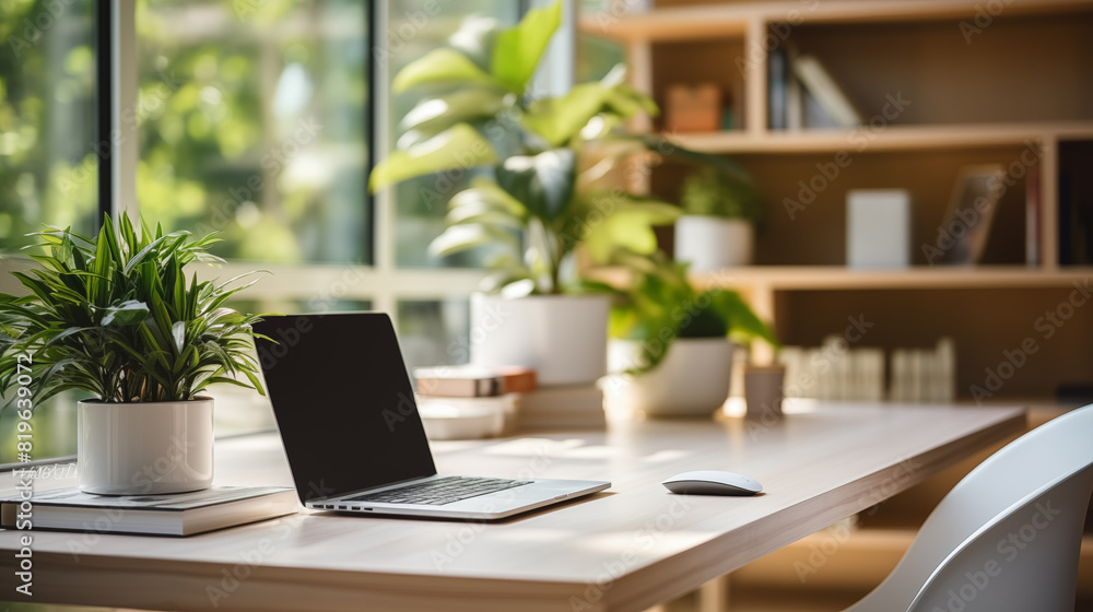 Working space in the office. Laptop on the table, green plant and booking shelf on the background Working space in the office. Laptop on the table, green plant and booking shelf on the background