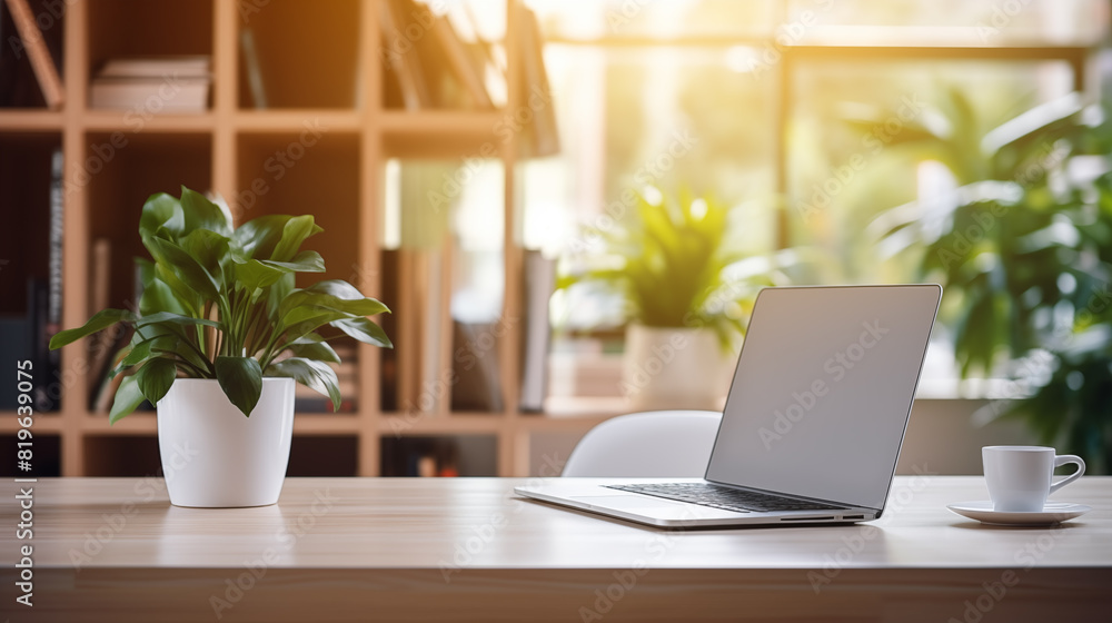 Working space in the office. Laptop on the table, green plant and booking shelf on the background Working space in the office. Laptop on the table, green plant and booking shelf on the background
