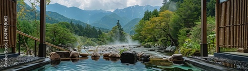 Onsen Cycling Retreats Highlight the relaxation and rejuvenation offered by cycling tours combined with visits to natural hot springs onsens Photograph cyclists soaking in outdoor baths surrounded by photo