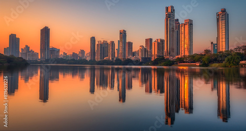 Beautiful sunset over the Mumbai skyline with reflective skyscrapers and calm water, showcasing urban beauty. © movinglines.studio