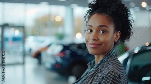 A dedicated saleswoman greets customers as they enter the showroom of a car dealership, ready to provide expert advice and assistance with a serious expression. 