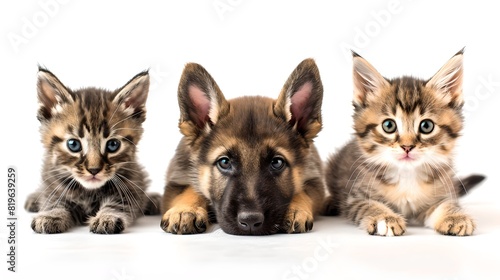 Adorable Kitten and Puppy Trio Sitting Together, Perfect for Pet Lovers. High-Quality Studio Portrait of Young Domestic Animals. Cute, Amusing, and Heartwarming Image. AI © Irina Ukrainets