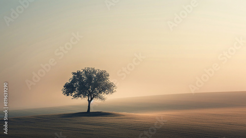 solitary tree in misty landscape. A solitary tree standing in a misty landscape at dawn, creating a serene and tranquil scene.. © kosarit
