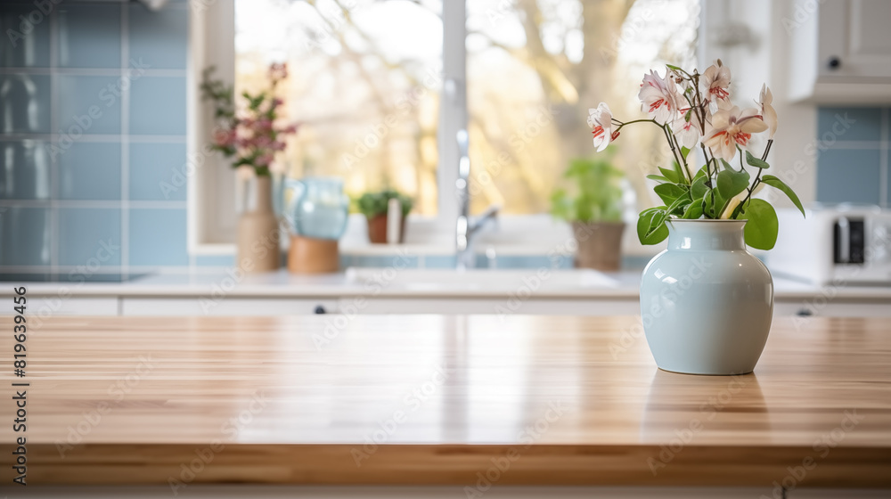 Big wooden table top in the kitchen with kitchen utensil on the background, blurred background Big wooden table top in the kitchen with kitchen utensil on the background, blurred background