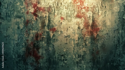 A grungy wall featuring peeling red paint photo