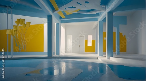 Abstract background with blue and yellow hues encircling a papercut white home photo