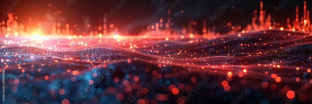 A digital depiction of a wave of vibrant light streaming and illuminating the space A digital depiction of a wave of vibrant light streaming and illuminating the space