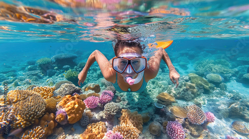 A woman dives into shallow water using a snorkel on a beautiful coral bottom in a turquoise sea. Vacation, entertainment and travel activities concept.