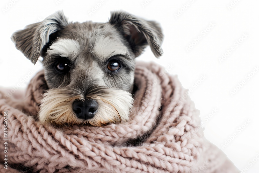 Schnauzer with a Knitted Scarf: A Schnauzer wrapped snugly in a cozy knitted scarf, radiating warmth and comfort with a gentle expression. photo on white isolated background