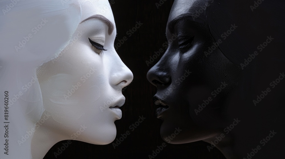 Black and White Sculptured Faces Close-Up, Contrasting Textures Black and White Sculptured Faces Close-Up, Contrasting Textures