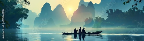 Private Romantic Getaways Capture the intimacy of private bamboo rafting excursions on the Li River with images of couples enjoying secluded rides down the river, savoring gourmet picnics, and creatin © nunoi