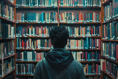 Person browsing a variety of books in a library. Knowledge exploration theme.