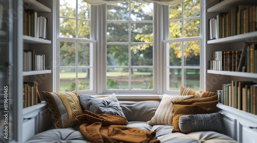 Design a cozy reading nook nestled beside a bay window, adorned with plush cushions and a warm throw blanket. photo