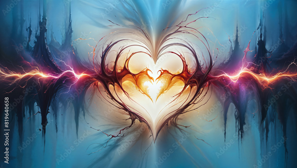 Fototapeta premium Ethereal heart-shaped form emerges from swirling cosmic energy, radiating warmth and light amidst a surreal, otherworldly landscape. 8k