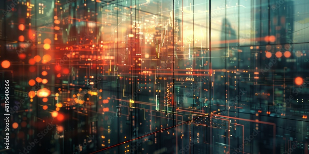 Fototapeta premium A bustling city illuminated by bright lights and towering buildings at night