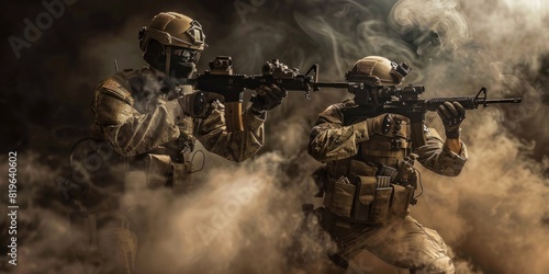 Armed special forces group in tactical gear, on a dark background. Law and order protection concept. SWAT group. Antiterrorism. Special operation.