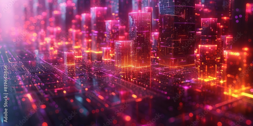 A futuristic city with neon lights and towering buildings