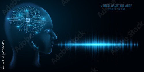 Virtual voice assistant on dark background for your artificial intelligence design. Recognition service technology. AI robot support. Realistic chatbot man face. Vector illustration. EPS 10.