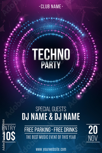 Techno party flyer design for your musical event. Futuristic circles of glowing dots. Modern music poster. Invitation for night club. Vector illustration. EPS 10.