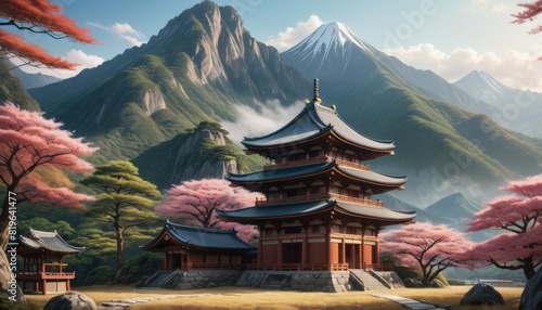 Stunning view of a traditional Japanese pagoda surrounded by cherry blossoms with a majestic mountain backdrop in serene light. photo
