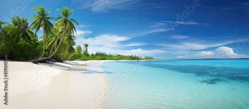 A picturesque beach setting featuring white sand clear blue waters and a cloudless sky making it a sought after summer destination for tourists. Copy space image. Place for adding text and design