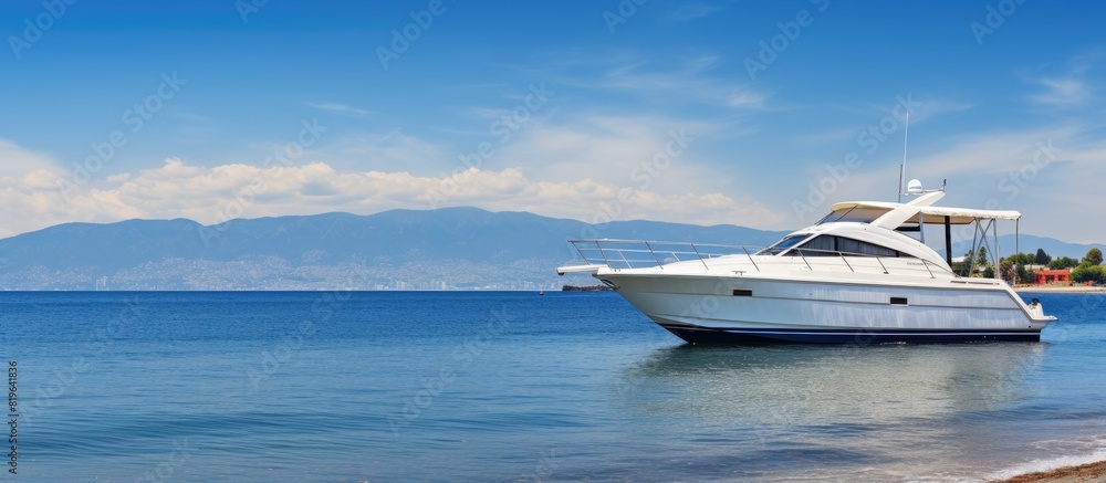 A cabin cruiser rests on Estepona Beach providing a picturesque background for a copy space image A cabin cruiser rests on Estepona Beach providing a picturesque background for a copy space image