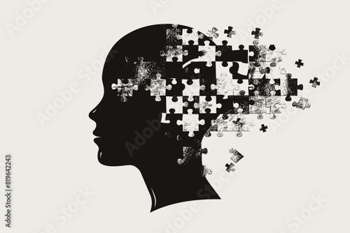 Silhouette of a Human Head Split by a Jigsaw Puzzle Representing Dementia and Memory Loss