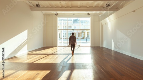 Man Looking Out Window in Empty Sunlit Room, New Home