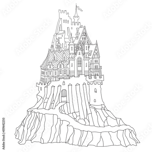 Fairy tale castle on a hill. Hand drawn black and white sketch for coloring book page