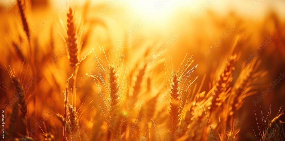A golden wheat field under the setting sun, with sunlight filtering through the tall ears of grain A golden wheat field under the setting sun, with sunlight filtering through the tall ears of grain