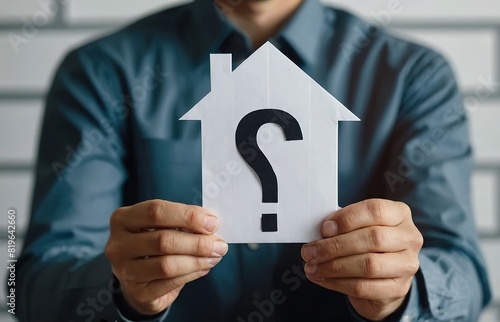 A businessman is holding a paper house with a question mark, surrounded by concepts of real estate, mortgage, home loan, investment, tax, and insurance.