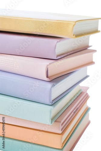 Pastel-colored children's books stacked neatly on white background. Cheerful and inviting.