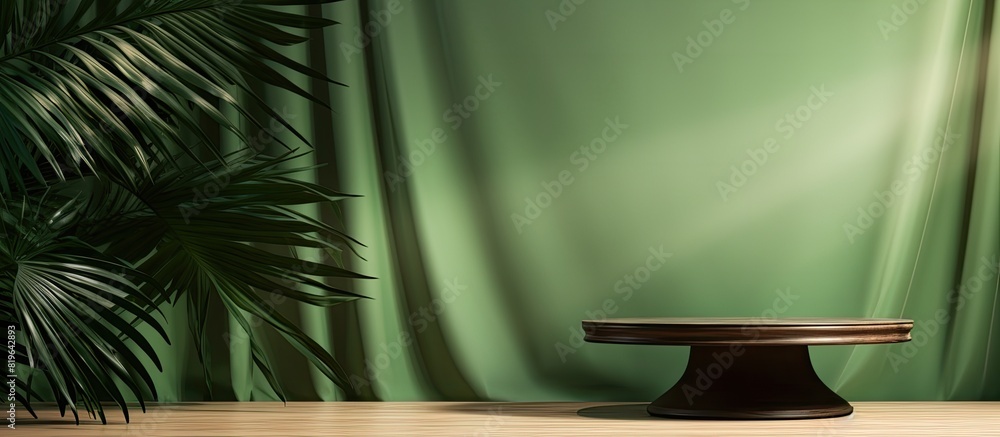 Wooden podium with a green background beige curtain palm leaf shadow designed for cosmetic product presentation with empty showcase for product displayed including a copy space image Wooden podium with a green background beige curtain palm leaf shadow designed for cosmetic product presentation with empty showcase for product displayed including a copy space image